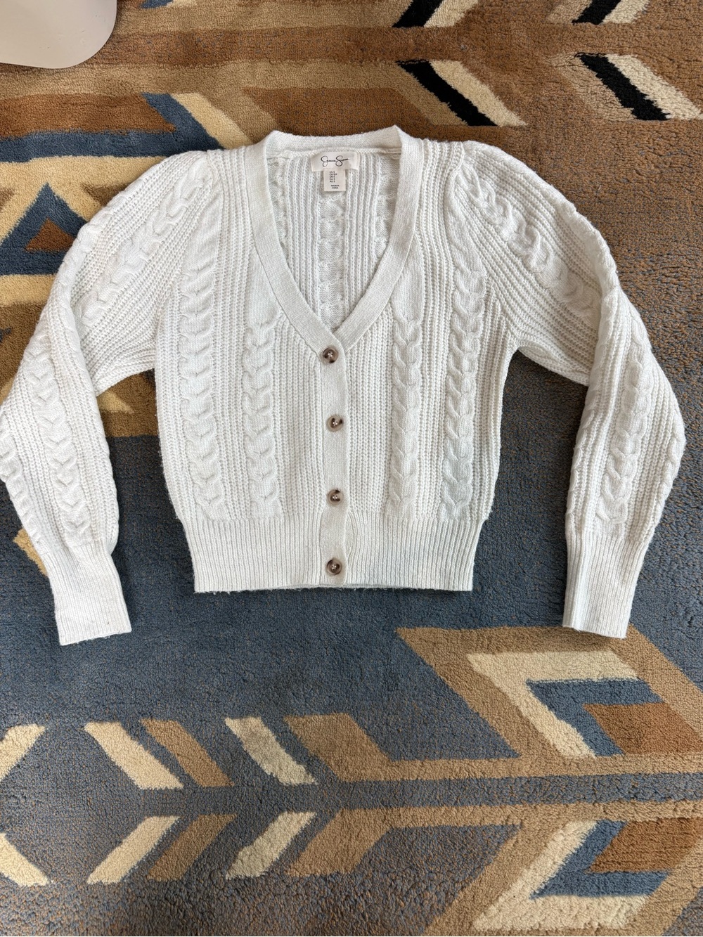 Jessica Simpson White Cable Knit V-Neck Button Cardigan